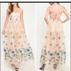 L'ATISTE Nude-Champagne Flora Embroidered Strapless Tulle Gown with Teal Accents